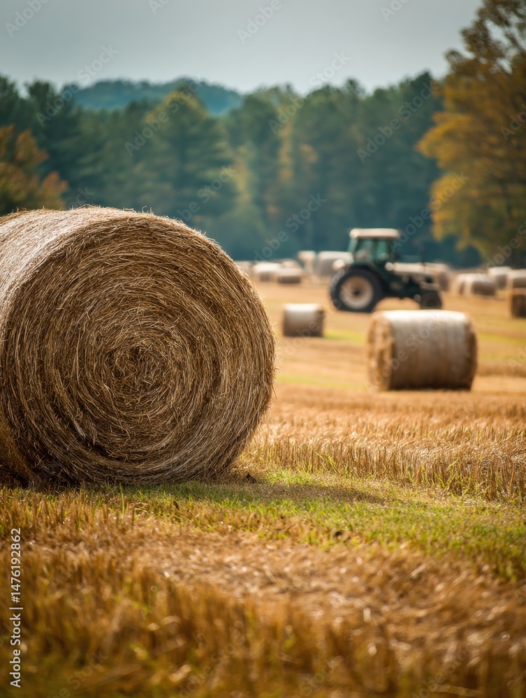 Poster harvesting hay bales with tractor in fields under clear sky during golden hour