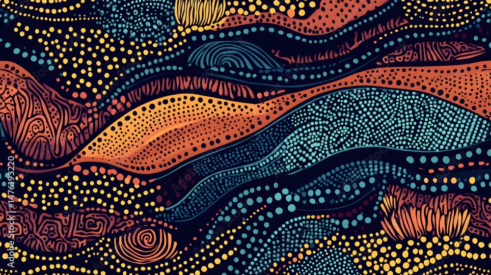 Poster abstract pattern with flowing lines and dots in warm and cool colors.