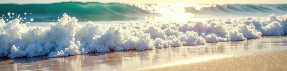 Fototapeta premium Blurred ocean waves crashing on sandy shore, sun glare, golden hour, coast