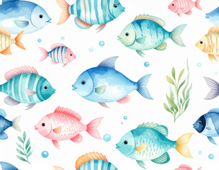Naklejka premium Colorful fish swim gracefully in vibrant underwater scene, showcasing various species with unique patterns and hues. playful design evokes sense of joy and tranquility
