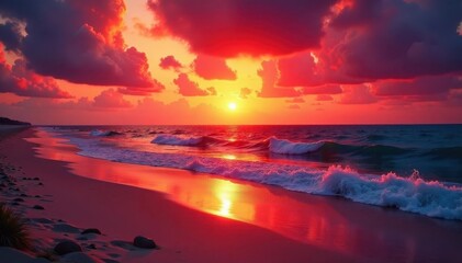 Crimson sun dips below horizon, leaving fiery sky above tranquil beach, ocean, image