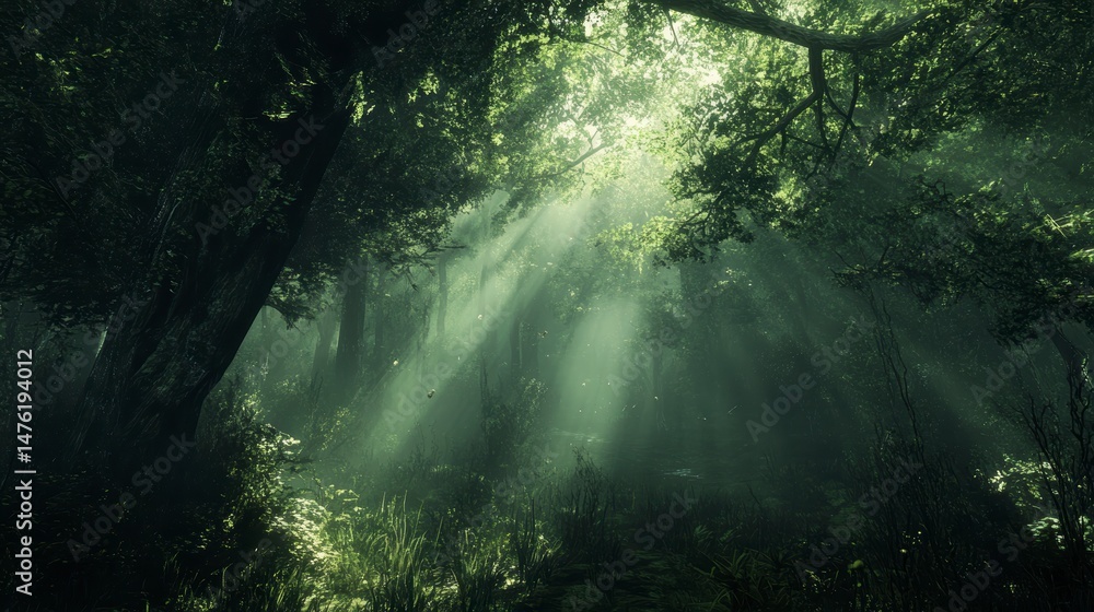 Poster sunbeams pierce through dense, mystical forest canopy, creating ethereal light and shadow.
