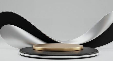 Elegant 3D render of a product podium with a gold top and black base, complemented by a flowing silver and black ribbon design on a light gray background