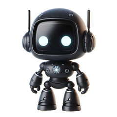 Cute 3D black robot AI with golden eyes pointing and looking up smiling in side view isolated on white background