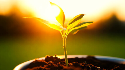 Timelapse growth of sunlit seedling in pot amidst golden hour backdrop