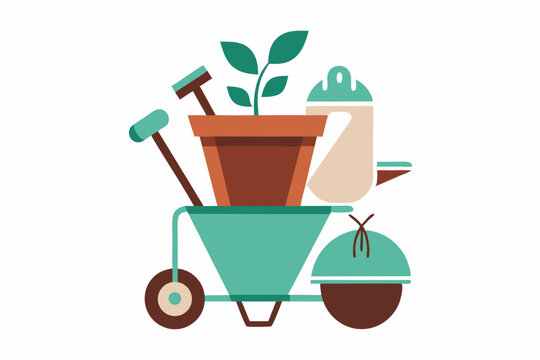garden tools on wheelbarrow, flat design clip art preview
