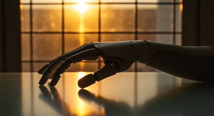 Robotic hand sunset glow futuristic technology innovation hope