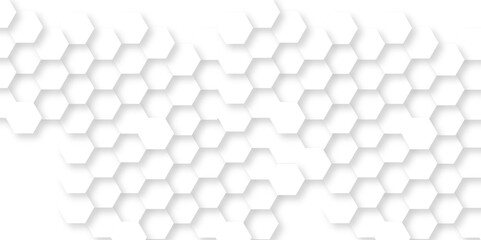 Minimal white hexagonal hexagon modern technology creative emboss light honeycomb polygonal web. abstract geometric science and mosaic tile with template texture background.	
