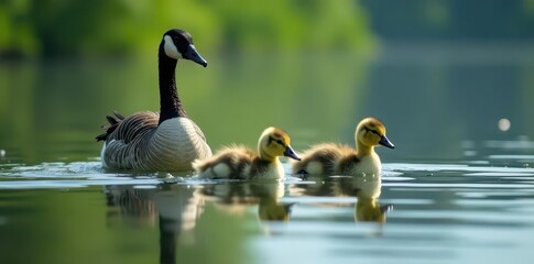 Obraz premium Two adult geese lead their two goslings across a still lake's surface , feathers, sunlight