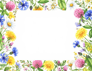 Obraz premium Beautiful floral frame featuring variety of colorful wildflowers, including daisies, clovers, and dandelions, creating vibrant and cheerful atmosphere. Perfect for invitations or decorative