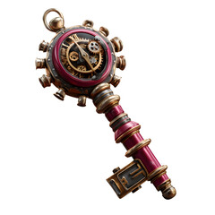 Steampunk Mechanical Key: Intricate Gears, Brass Accents, and Red-Gold Design