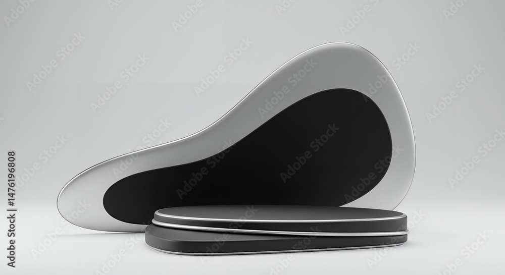 Poster modern minimalist abstract design with a black and silver platform stage, showcasing a futuristic an