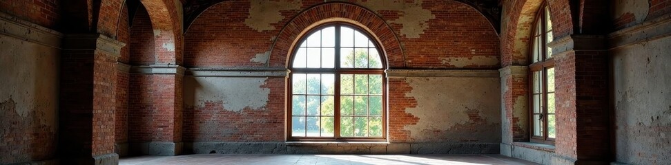 Fototapeta premium Large, arched window, ornate frame, aged brick, home, heritage