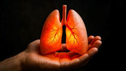 Glowing lungs in human hands symbolize health and life protection concepts
