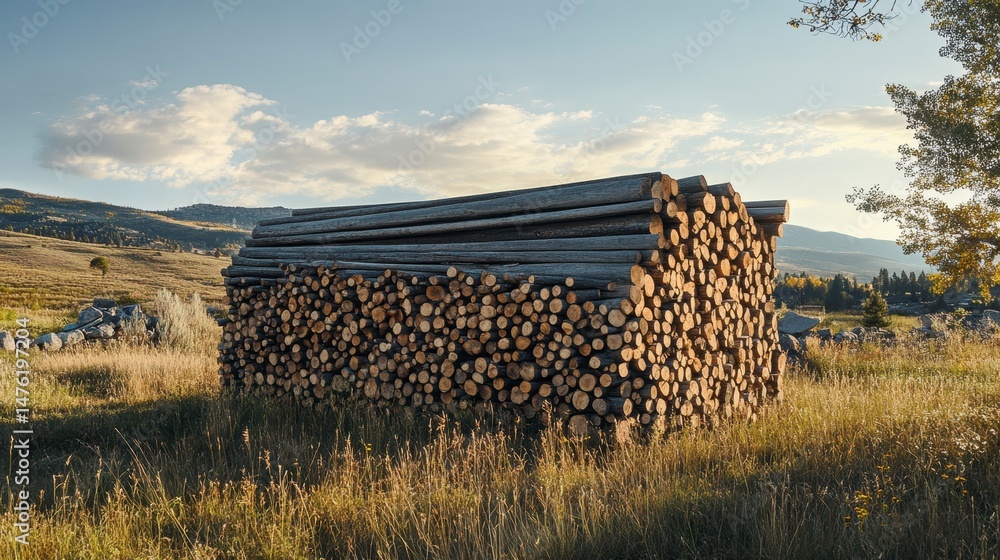 Poster A large stack of neatly arranged firewood logs sits in a grassy field under a partly cloudy sky.