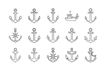 Set of Line Icons Featuring Various Anchor Designs, Including Nautical, Ship, and Boat Anchors, with Decorative Variations Like Star, Wing, and Rope Details
