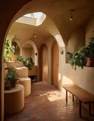 A sun-drenched, earthy-toned hallway with arches,  sculptural seating, and natural light.  Rounded forms,  warm textures, and plants create a tranquil atmosphere