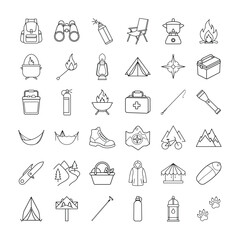 Line Icon Set Representing Essential Camping and Outdoor Adventure Elements, Including Gear, Fire, Hiking, Navigation, First Aid, and Camping Equipment