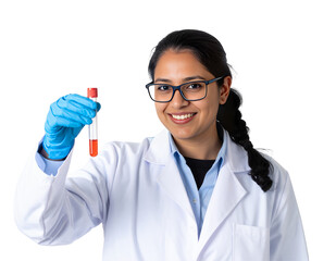Scientist happily shows blood sample tube