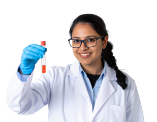 Scientist happily shows blood sample tube