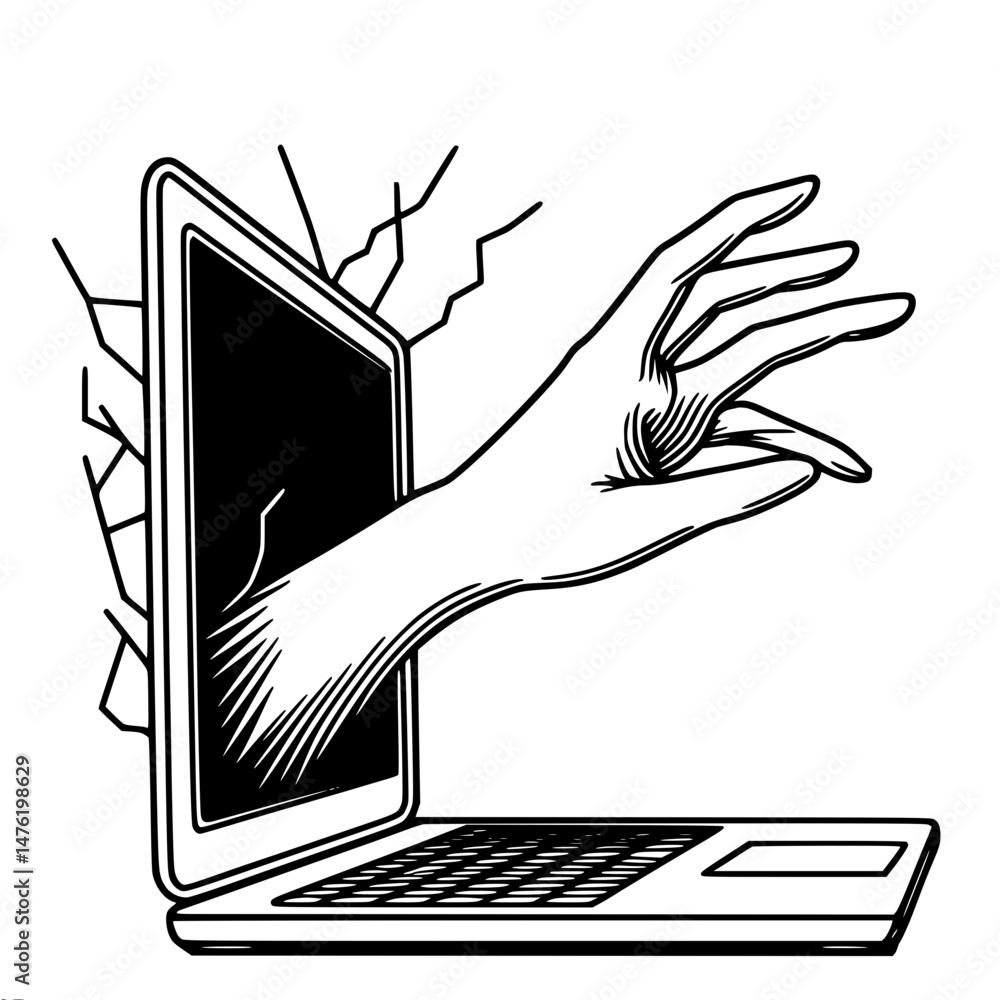 Poster hand reaching out from laptop screen in a single line drawing , single line contour vector image