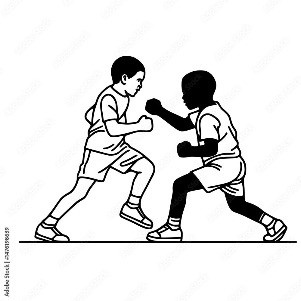 Poster children boxing in action two different kids on plain background, vector image with one line outline