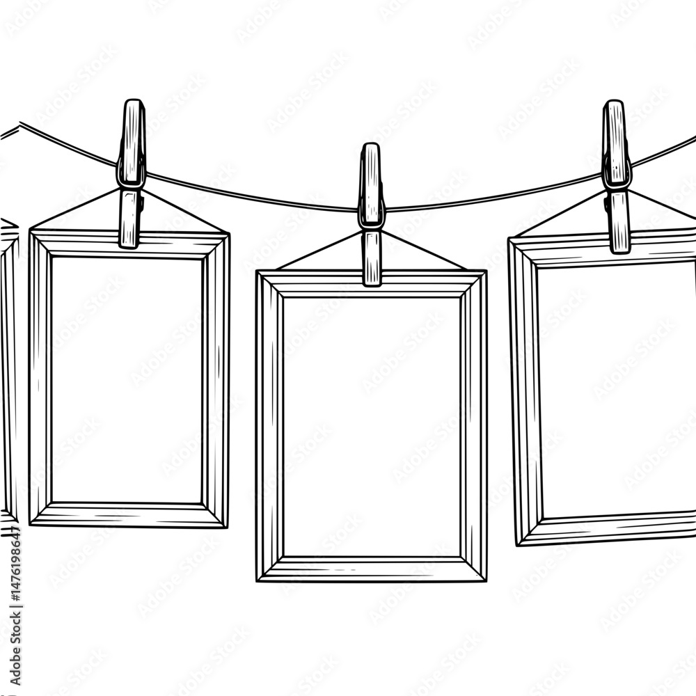 Poster empty picture frames hanging on a line , single line contour vector image