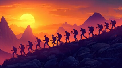 Fototapeta premium Group of hikers ascending a mountain trail at sunset with vibrant colors in the sky