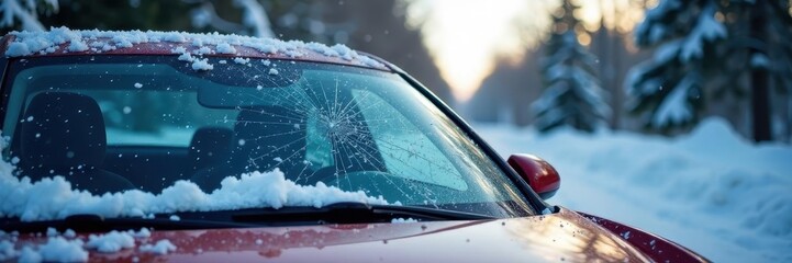 Cracked windshield, snow on car, winter impact, car, auto glass