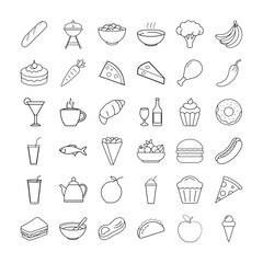 Set of Line Icons Representing Various Food and Beverage Items, Including Snacks, Fruits, Desserts, Drinks, Fast Food, and Cooking Ingredients