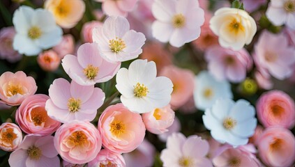 Fototapeta premium Delicate Spring Flowers in Shades of Pink, White, and Blue Against a Blurred Background