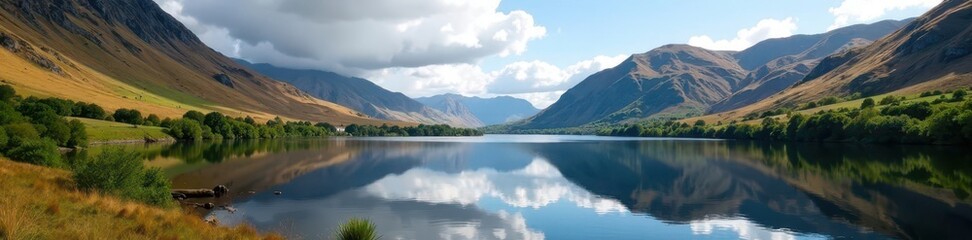 Ullswater's tranquil waters embraced by fells, Patterdale below , scenery, british