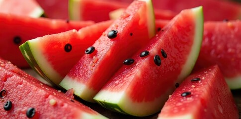 Juicy watermelon slices, red flesh, seeds visible, black, sweet
