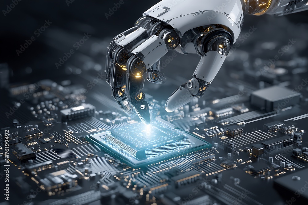 Poster robotic arm precisely interacting with a luminous central processor unit