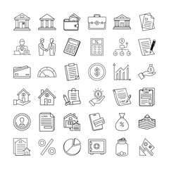 et of Line Icons Representing Banking, Loans, Financial Services, and Transactions, Featuring Credit Cards, Mortgages, Contracts, Investment, and Money Management Symbols