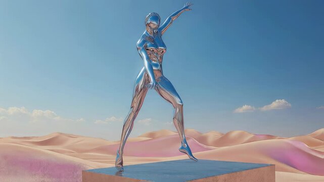Futuristic chrome statue of a woman posing and dancing in colorful surreal desert landscape under vibrant blue sky
