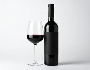 classic wine bottle with glass of red wine, showcasing elegance and simplicity. bottle features sleek design with blank label, perfect for customization