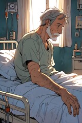 old man lies on a hospital bed  cartoon anime style 