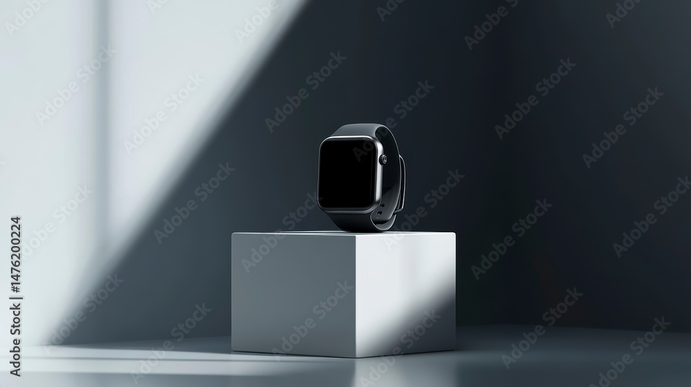 Poster Smartwatch displayed on a minimalist white cube against a dramatic light background.