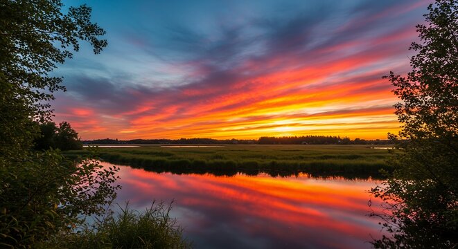 Breathtaking sunset over tranquil river reflecting vibrant orange and red sky, lush greenery, picturesque landscape, nature's beauty, peaceful scene - Powered by Adobe