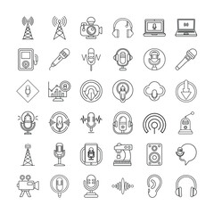 Set of Line Icons Representing Podcasting, Audio, and Media Equipment, Including Microphones, Headphones, Sound Waves, Recording Devices, and Broadcasting Tools