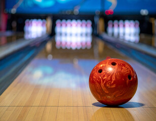 vibrant bowling ball rests on polished lane, ready to roll towards pins in background. atmosphere is lively, capturing excitement of bowling game