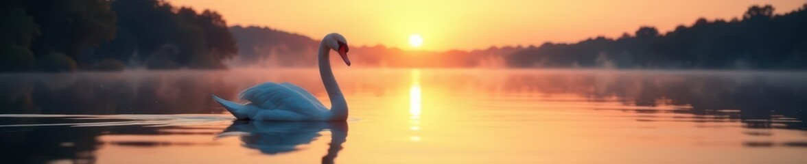 Fototapeta premium Swan's flawless reflection, blurred sunset horizon, minimalist scene , still, peaceful