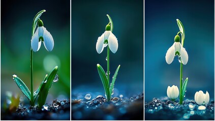Dew-kissed snowdrop blossoms in triplicate