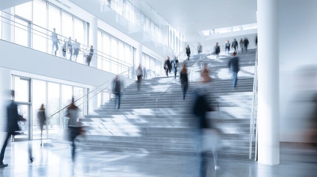 Blurred figures ascend modern staircase in bright, open space - bustling business environment