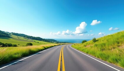 Naklejka premium Empty cycling road winding through a scenic landscape under a clear blue sky , sky, calm, bicycle path