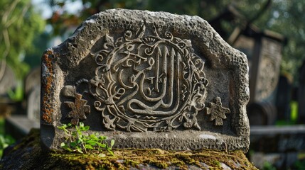 Ornate stone carving on a weathered gravestone.