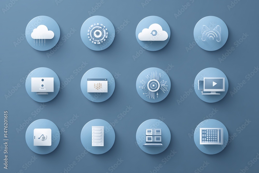 Poster modern technology icon set: cloud computing, data processing, and cyber security