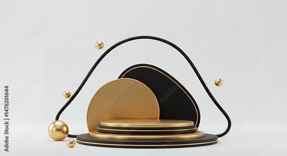 Poster elegant 3d rendering of a golden podium with black accents and floating gold spheres, perfect for pr