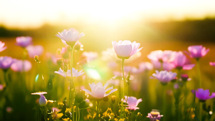 Sunlit wildflowers gently sway in a golden sunrise field capturing nature's serenity